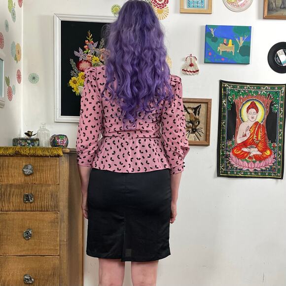 Vintage Disco Secretary Dress, Early 1980s Mauve & Black Peplum Mini Sz S - Picture 3 of 10